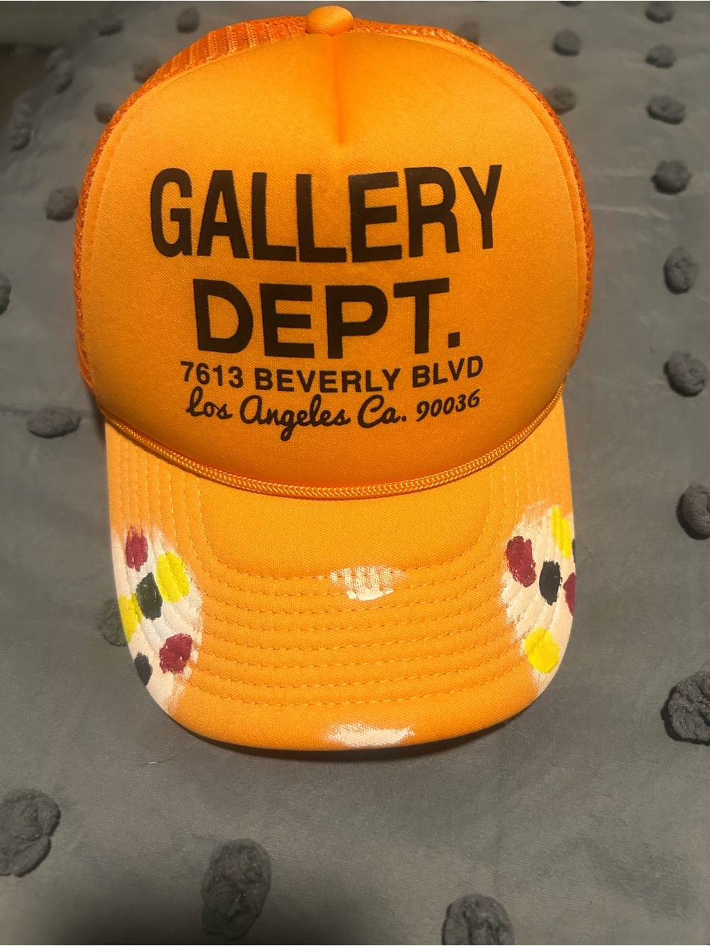 Gallery Dept Orange Trucker Cap with Black Logo and Multicolor Paint
